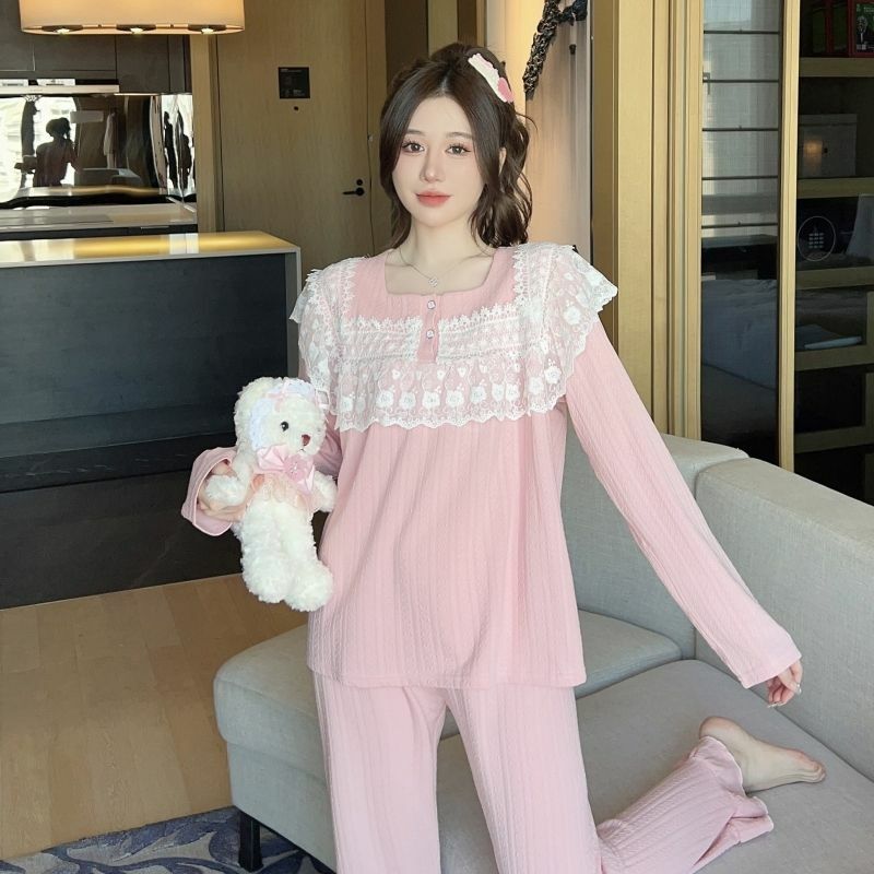 Женская пижама, новинка 2024, жаккардовая одежда для сна из чесаного хлопка с квадратным вырезом, кружевной комплект для сна в Корейском стиле, женский домашний костюм большого размера