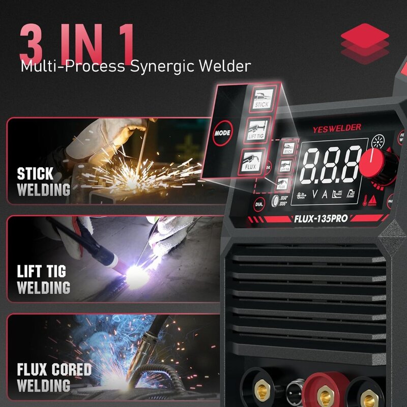 35Amp MIG Welder,110V Flux Core Welder Flux MIG/Lift TIG/Stick 3-in-1 Large LED Digital Display Welding Machine