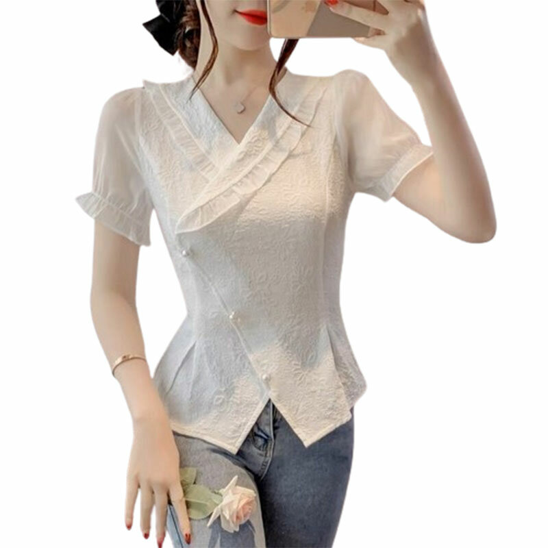 女性用Vネック半袖シャツ,ルーズフィット,カジュアル,パッチワーク,ボタン付き,原宿ファッション