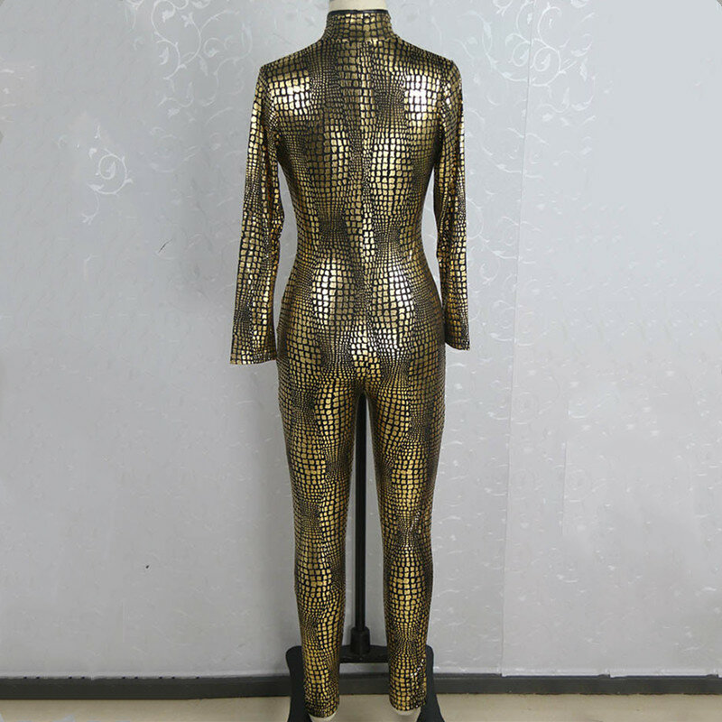 Europejski seksowny Faux Leather skóra węża kombinezon zamek błyskawiczny z przodu długie rękawy body Catsuit kobiety złoty smukły strój klubowy kombinezony