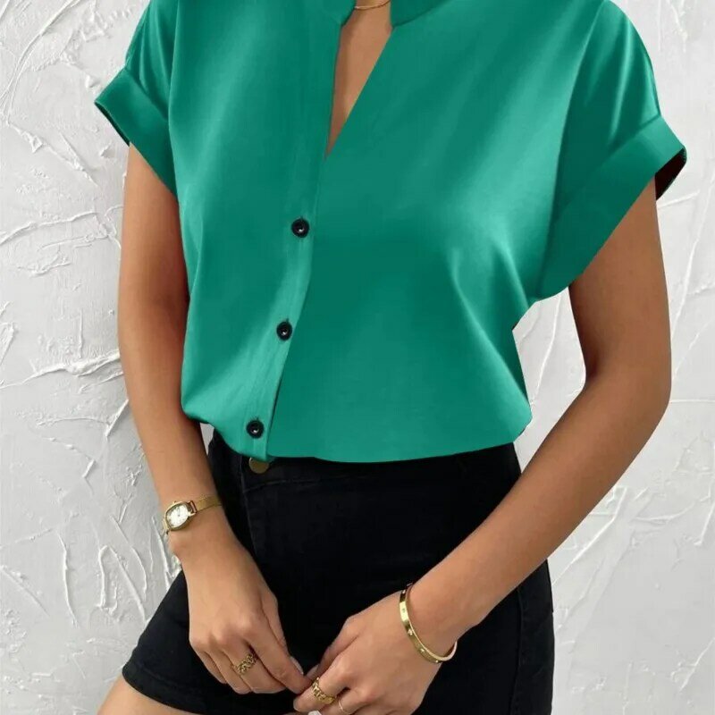 Zomer Minimalistisch Dames V-Hals Shirt 2024 Elegant Satijn Dames Rood Korte Mouwen Single Breasted Casual Fitting Office Shirt