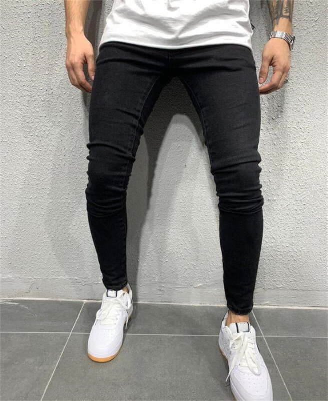 Calça lápis preta masculina, elástica rasgada, jeans stretch skinny, slim fit, calça jeans hip hop de alta qualidade, nova, Y2K