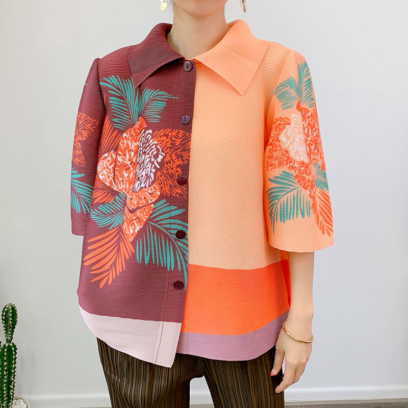 Miyake-새로운 에스닉 스타일 프린트 주름 재킷 여성용, 턴다운 칼라 싱글 브레스트 신축성, 2023 봄