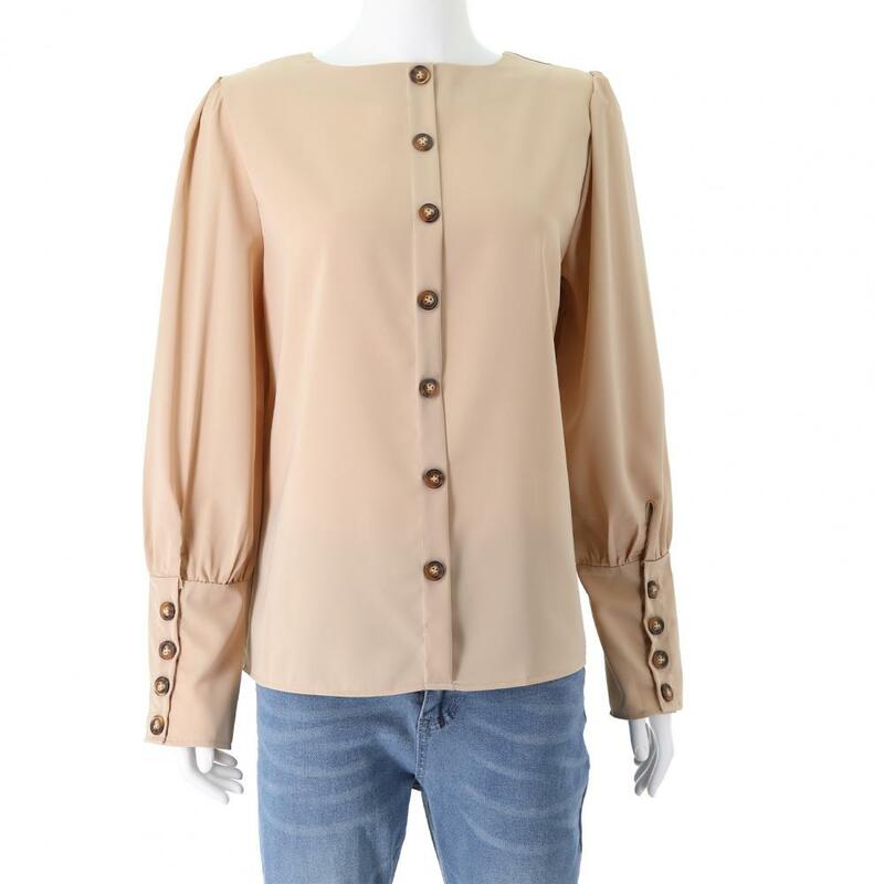 Blusa de manga larga con cuello redondo para mujer, camisa de trabajo de Color sólido, holgada, elegante
