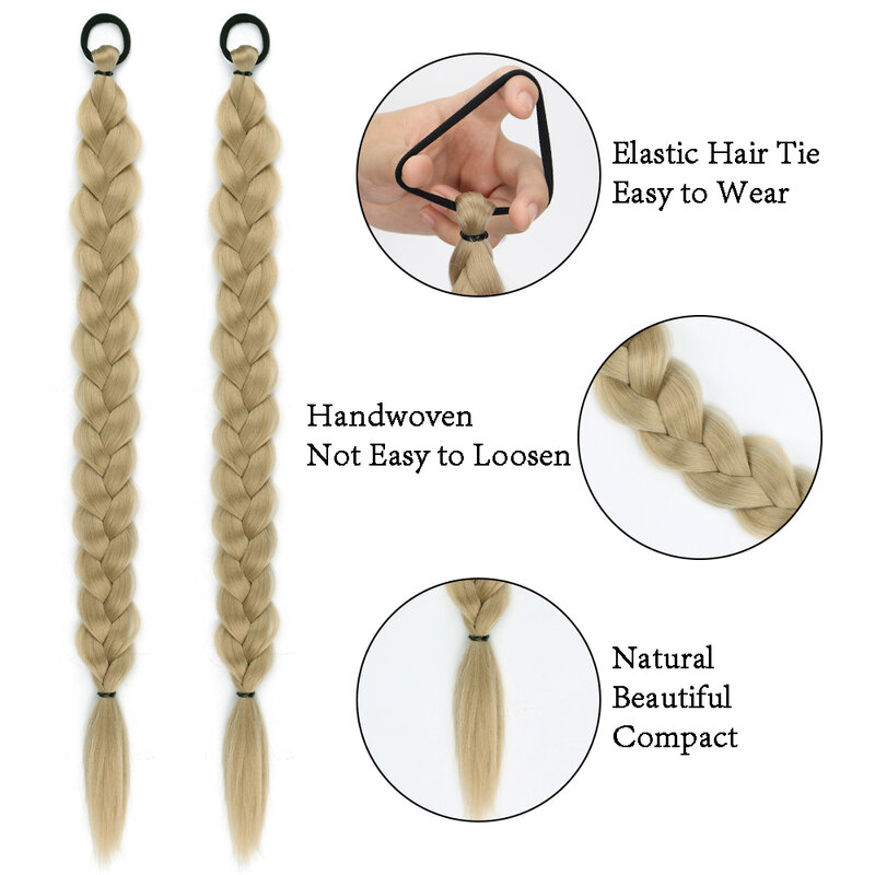 Ekstensi rambut sintetis kepang panjang, ekstensi rambut poni dengan tali karet 24 inci untuk penggunaan sehari-hari wanita