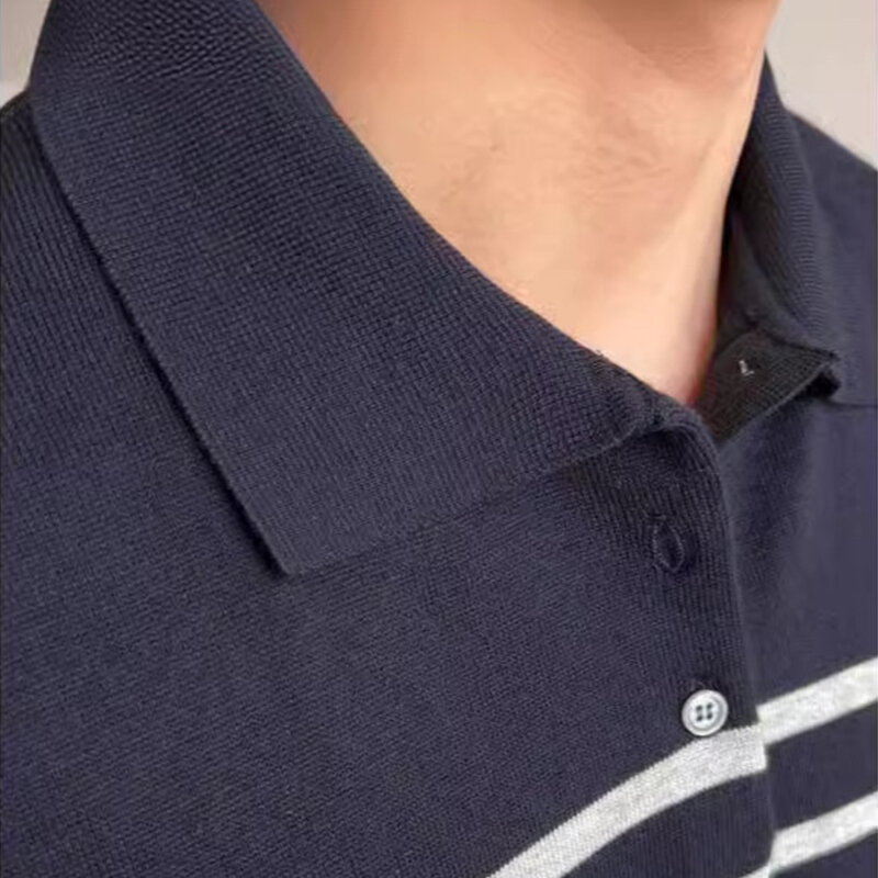 Streetwear kaus Polo pria, atasan rajut lengan pendek kerah Polo berkancing bergaris bercetak untuk lelaki
