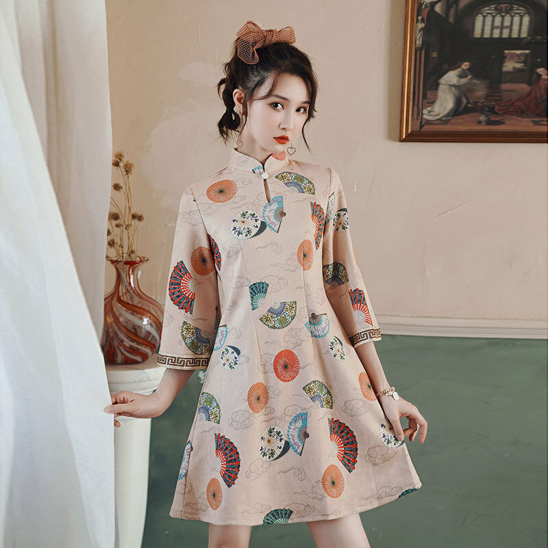 Cheongsam invertido de mangas grandes, vestido diário modificado, saia de menina, estilo chinês, manga curta, jovem, primavera