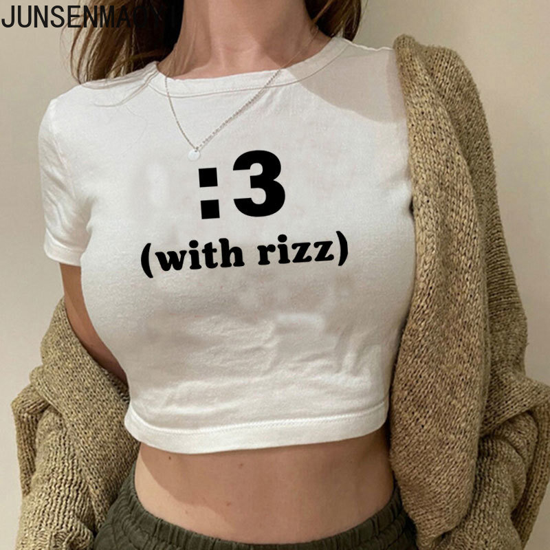 Camiseta con estampado de Rizz para mujer, Top corto de manga corta con cuello redondo, con ombligo, a la moda