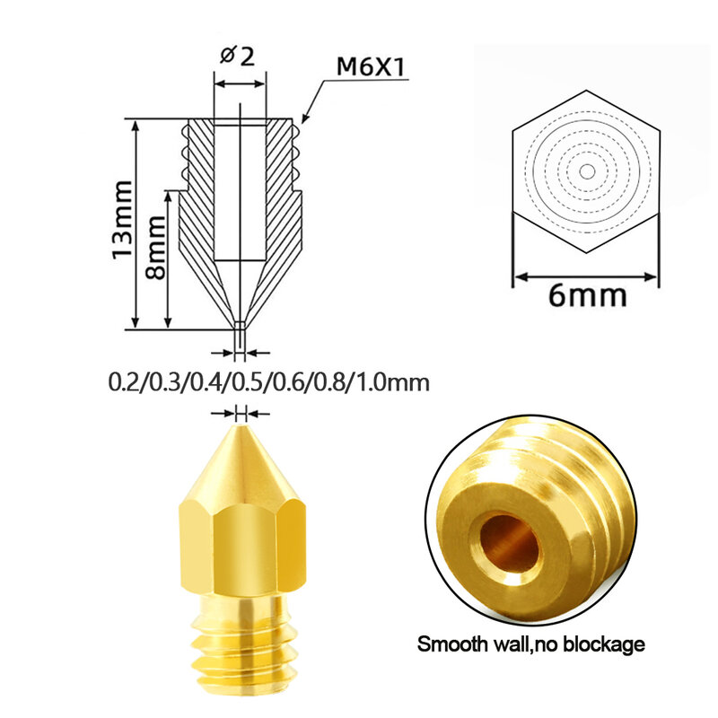 5/10PCS MK8 Brass Nozzle 0.2MM 0.3MM 0.4MM 0.5MM Extruder Print Head Nozzle For 1.75MM CR10 CR10S Ender-3 3D Printer Accessories