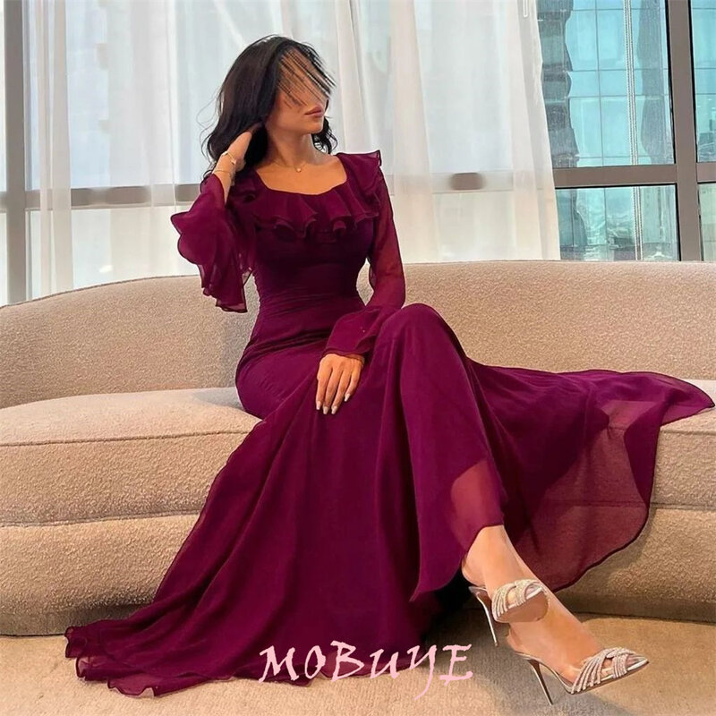 MOBUYE 2024 Popular Square Collar Prom Dress Ankle-Length With Long Sleeves Evening Fashion Elegant Party Dress For Women