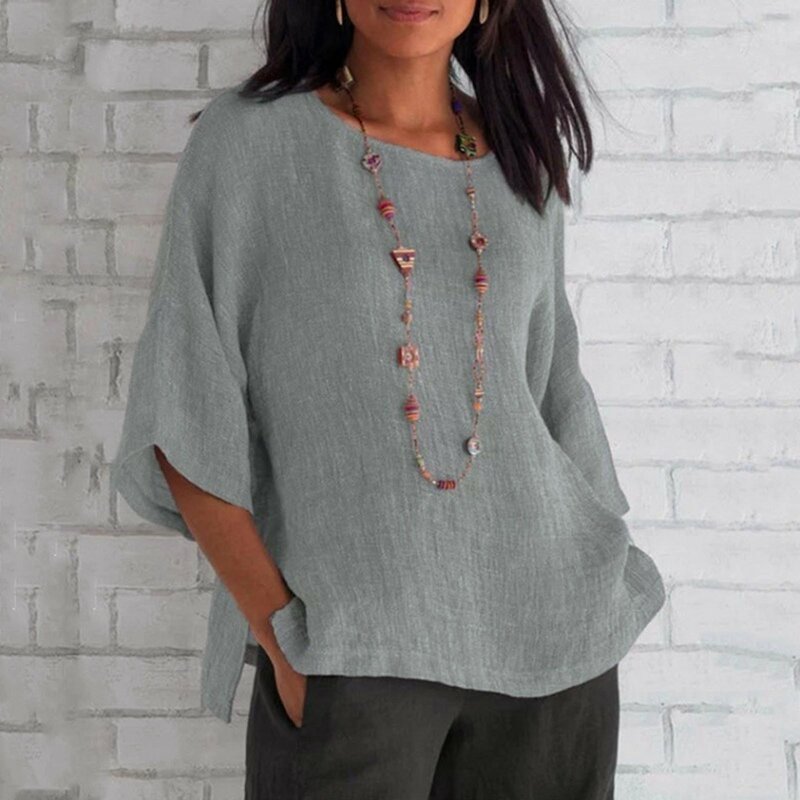 Large Size Women's Shirt Spring Summer Casual Comfortable Cotton Linen Shirt Loose Round Neck Seven Sleeve Solid Colour Blouse