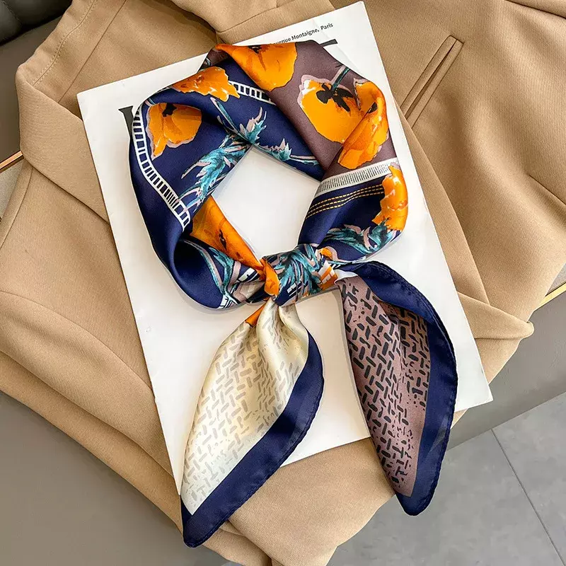 Elegante lenço de seda floral quadrado para mulheres, patchwork impressão, foulard lenço hairband, cetim hijab lenço, headband saco laços