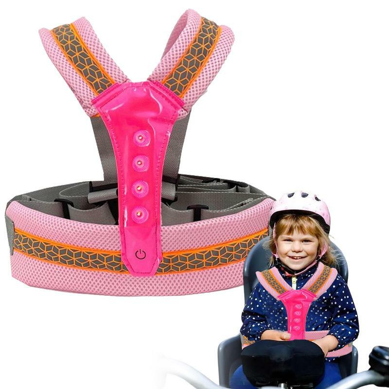 Arnés de seguridad para motocicleta para niños, correa de seguridad ajustable y transpirable para el hombro, diseño reflectante y LED