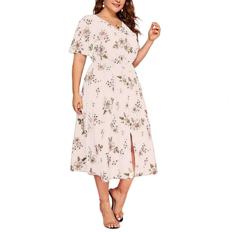 Beautiful Party Midi Dress Large Hem Breathable Tight Waist Plus Size Lady Dress  V Neck Lady Summer Dress Women Garment