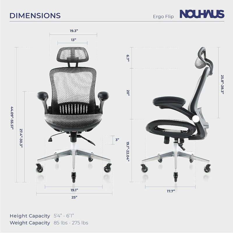 Nouhaus ErgoFlip grid Computer Chair - a grey rolling desk chair with retractable armrests and a razor wheel office chair