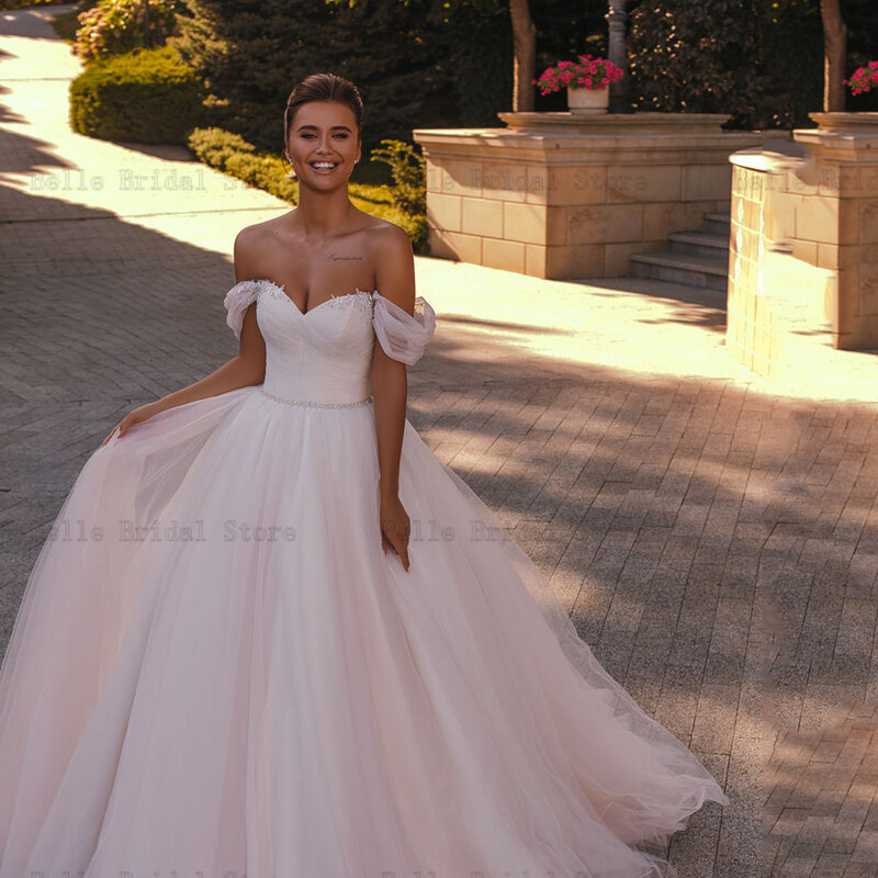 Elegant A-Line Wedding Dresses 2023 Off Shoulder Detachable Sleeves African Bridal Gowns Beaded Sweep Train Tulle Custom Made