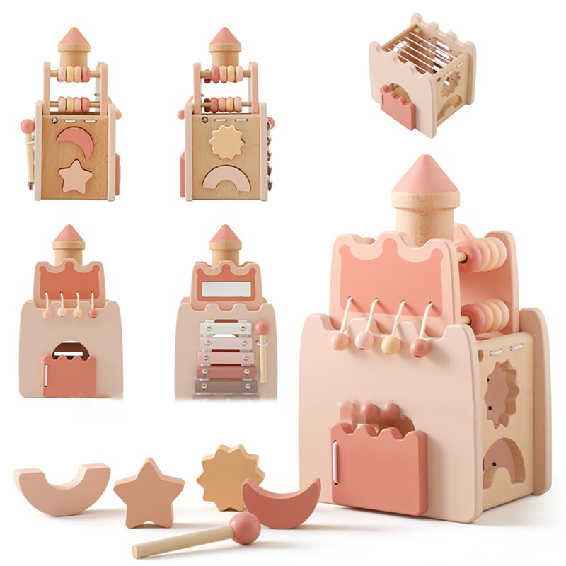 Brinquedo multifuncional do castelo para crianças, forma do enigma, combinando, piano, puxando a corda, grânulo da corda, novo, jogando
