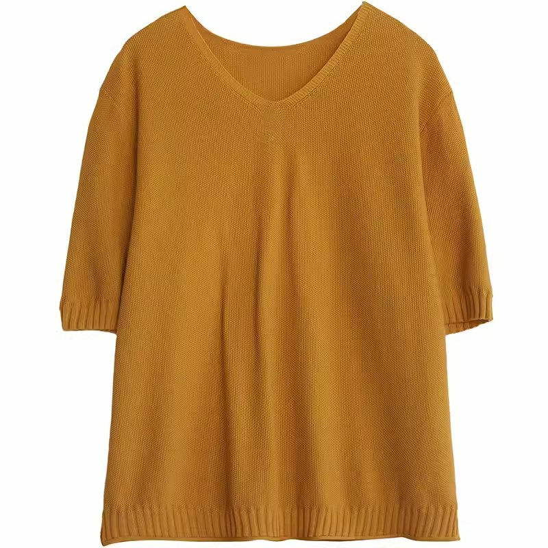 2024 Spring/Summer Women's Sweater Pullover Literary Style Large Size Knitted V-Neck Top Short Sleeve T-Shirt K676