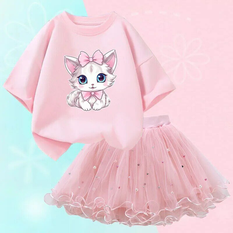 Abbigliamento estivo per bambine maglietta per gatti carini e gonna Tutu in rete Set di due pezzi moda abbigliamento per bambini coreani abiti 3-14 anni