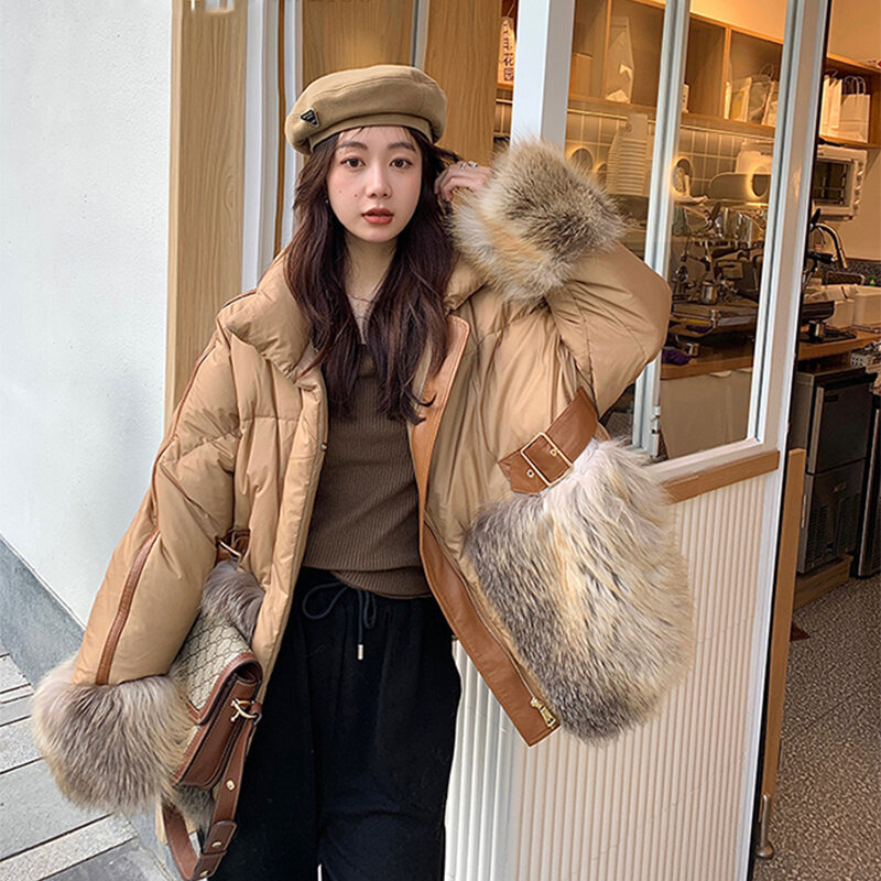 女性のためのキツネの毛皮のジャケット,だぶだぶの革の毛皮のコート,厚くて暖かい,冬のファッション,2023