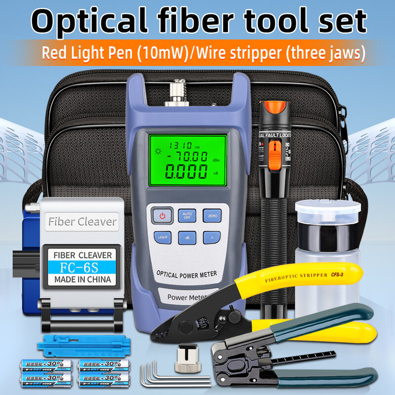 FTTH Fibra Óptica Tool Kit,-70 ~ + 10dBm, Medidor de Potência Óptica, 10MW, Visual Fault Locator, 19Pcs, Conjunto