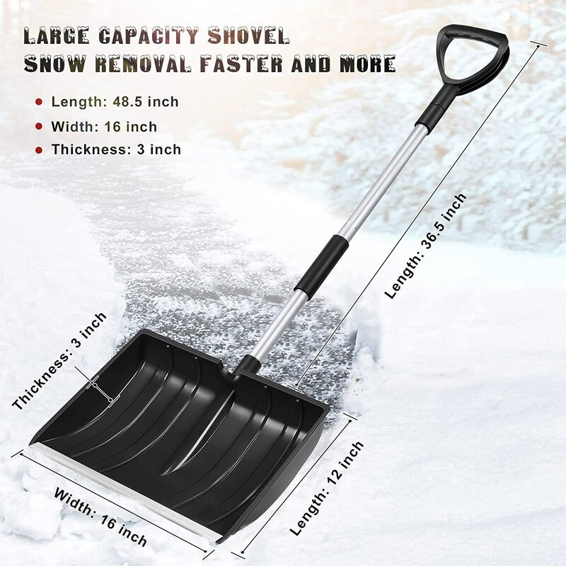 Большая портативная лопата для снега для подъездной дорожки, лопата для снега с алюминиевой ручкой и широким лезвием, лопатка для удаления снега