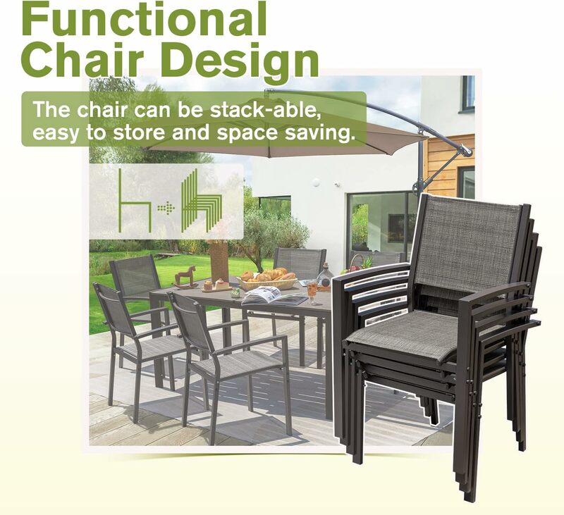 Patio-Ess-Set Bistro möbel im Freien mit stapelbaren Textilien-Stühlen und großem Tisch für Hof, Garten, Veranda und Pool