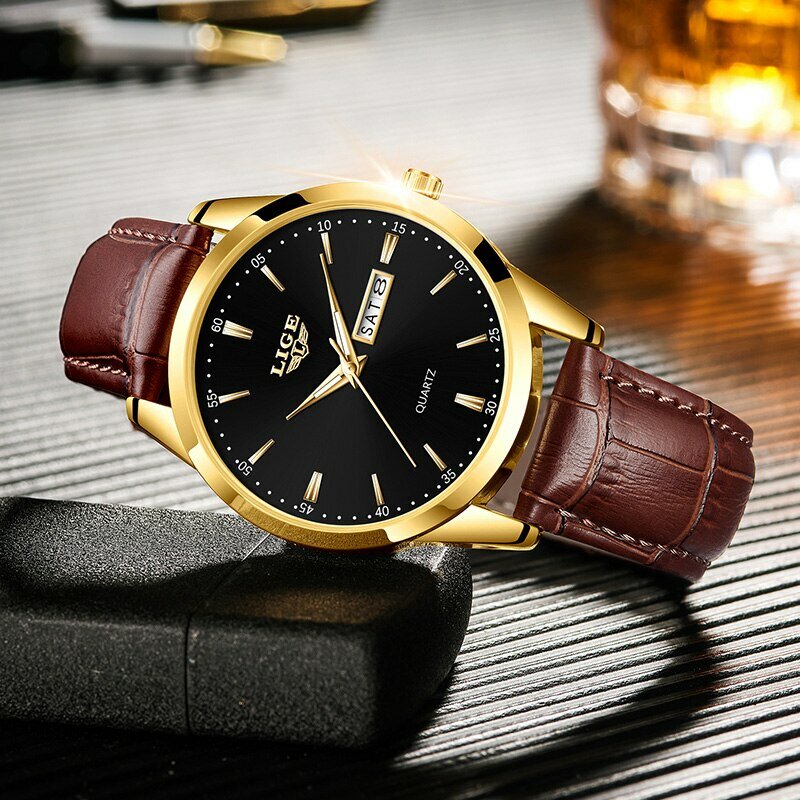 LIGE-Montre à quartz de luxe avec bracelet en cuir pour homme, montre-bracelet, étanche, affaires, décontracté, horloge, mode, marque supérieure