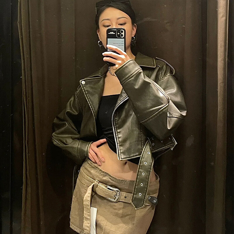 Jaqueta de couro de manga comprida feminina, cinto de lapela, bolsos com zíper, casaco curto feminino, moda motocicleta, novo, 2023