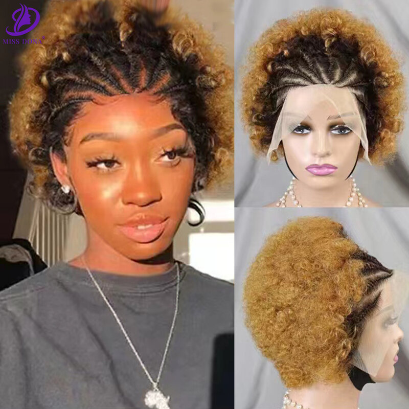 MissDona-Peluca de cabello rizado marrón claro con trenzas 13x4, postizo de encaje frontal, pelo Afro brasileño Remy