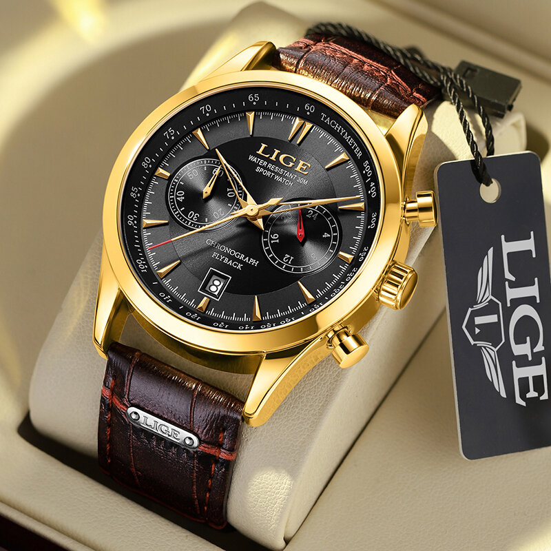 LIGE Men's Watch Big Dial  Leather Band Date Mens Business Male Watches Waterproof Luxuries Men Wrist Watches for Men