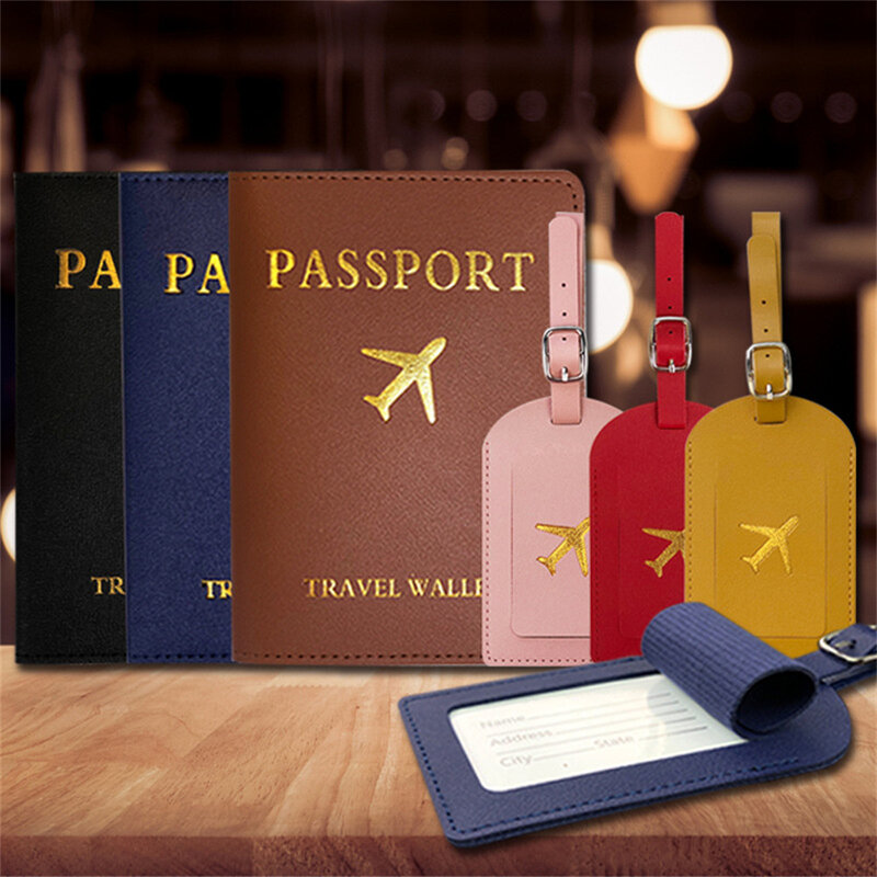 2pcs Passport Cover Pu Leather Travel Id Credit Card Passport Holder Packet Wallet Purse Bags Women Luggage Name Card Holder Tag