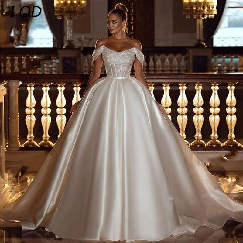 I OD Luxury Wedding Dress Scoop Neck Off the Shoulder Sequined Backless Satin Bridal Ball Gown Floor Length Vestidos De Novia