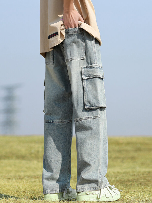 Модные джинсы в стиле ретро, мужские прямые красивые джинсовые брюки, новинка 2024, свободные брюки с широкими штанинами, мужские однотонные брюки с несколькими карманами