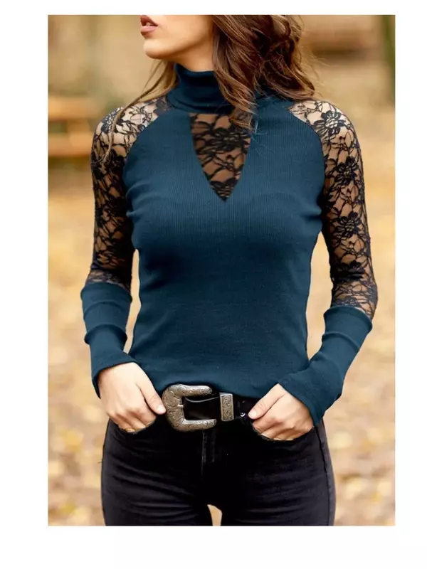 Women Fashion Spring Autumn Long Sleeve Turtle Neck Lace Patchwork Solid Color Slim Fit Casual Cotton Blouse Tops for Ladies