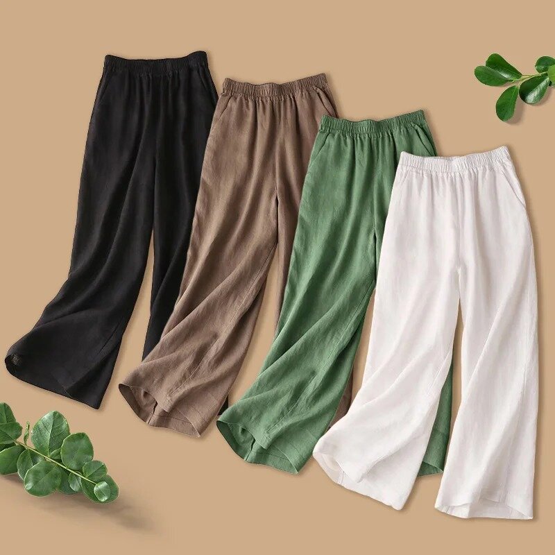 Celana panjang lurus lebar wanita, celana panjang kasual polos longgar pinggang tinggi musim panas Linen katun untuk perempuan
