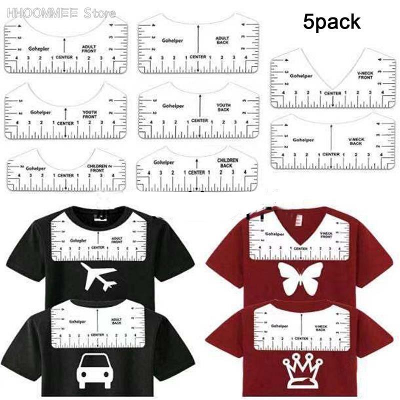 T-Shirt Alinhamento Régua para Orientação, Régua Medição com tamanho gráfico, DIY Desenho Template, Ferramenta Craft, Elaboração, 5pcs por conjunto