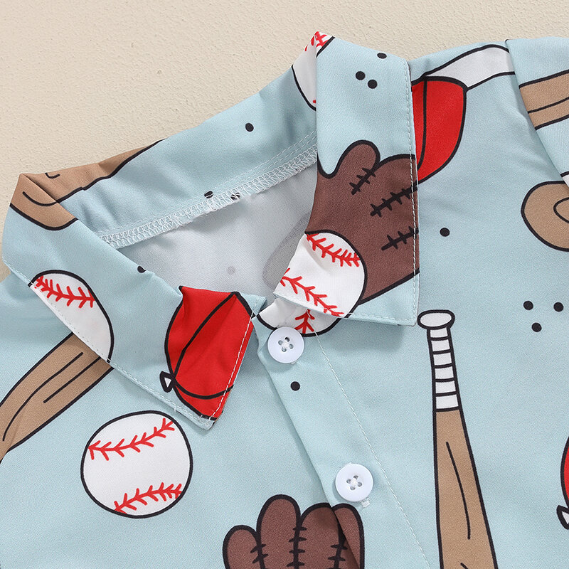 Baseball impressão mangas curtas botão de camisa e shorts conjunto, roupa formal, roupa de cavalheiro, criança menino, 6M-5Y, 2024-03-28