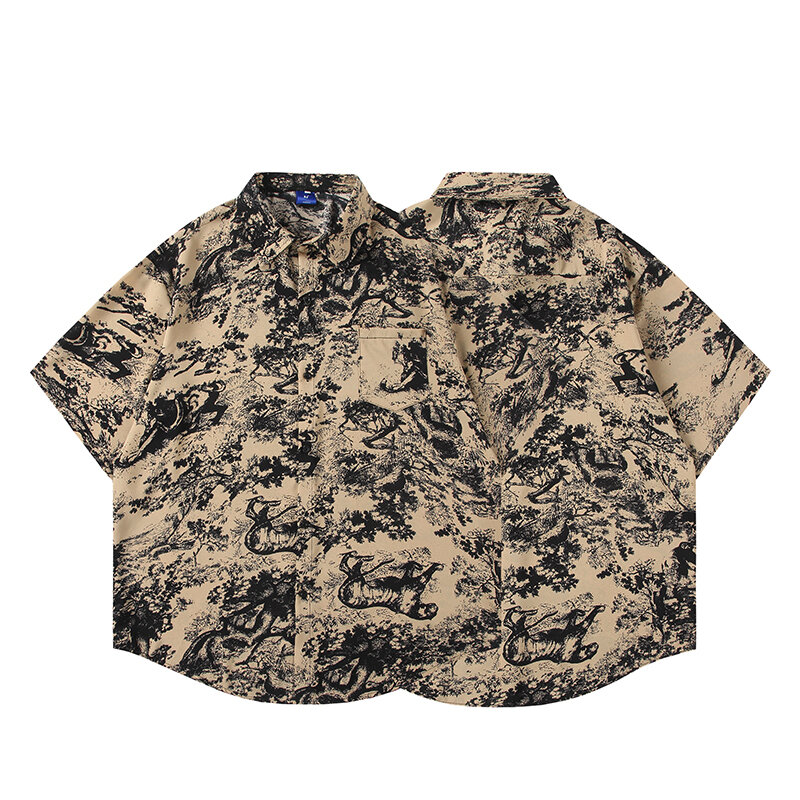 Рубашка в национальном стиле с принтом плитки, летняя рубашка из ледяного шелка с короткими рукавами для мужчин, модная повседневная рубашка в гонконгском стиле