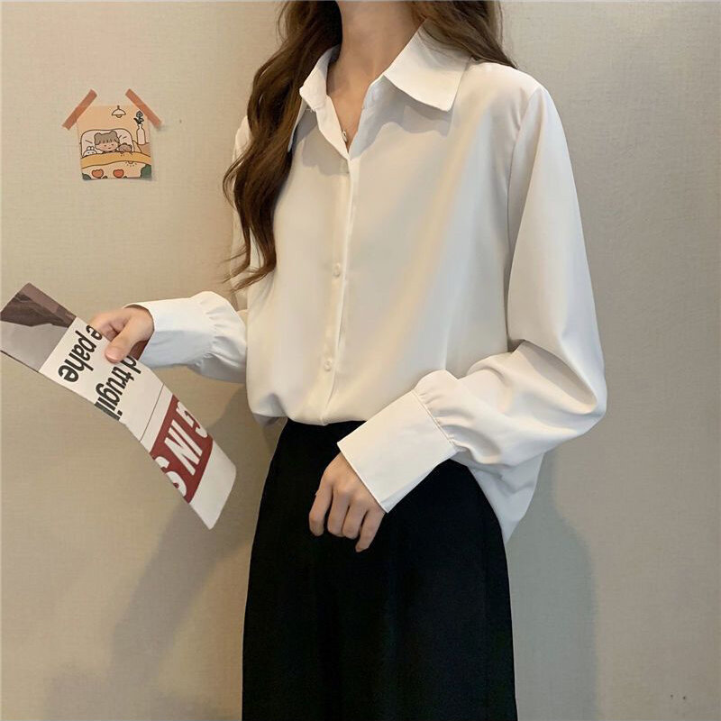 Gidyq MODE Korea สีขาวเสื้อเชิ้ตชีฟองแขนยาวทรงหลวมสำหรับผู้หญิงออฟฟิศลำลองเสื้อเชิ้ตเข้ากับทุกชุดฤดูใบไม้ผลิใหม่