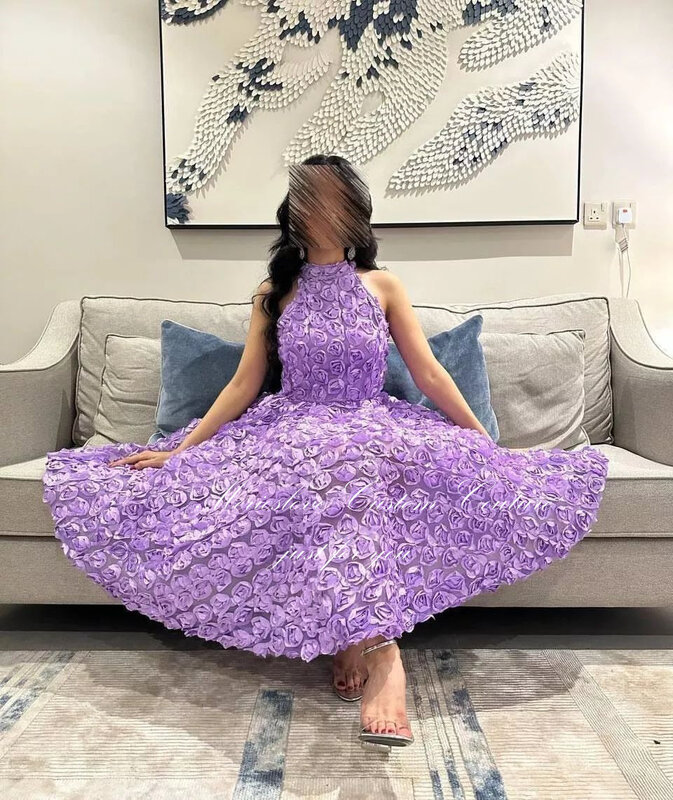 Merioslove-vestido de noite sem mangas para mulheres, elegante, com flores 3d, colar halter, plissado, ruched, linha a, árabe saudita, para festa, 2021