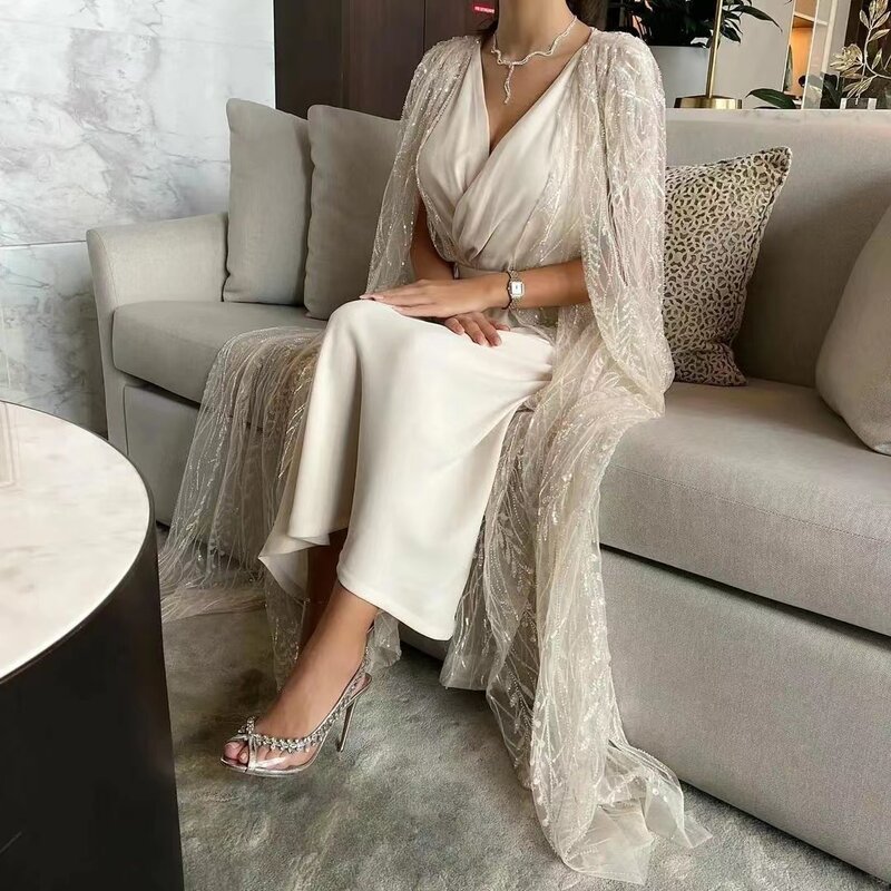 Dubai gaun Prom Ruched leher V wanita gaun panjang membungkus rok Arab Saudi pesta malam gaun pengantin ritsleting belakang Vestidos