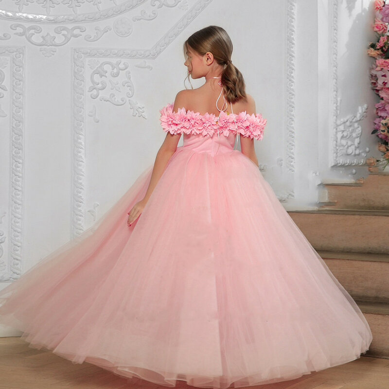 Niebieska różowa sukienki dla dziewczynek kwiatowa na wesele z tiul w kwiaty odkrytymi ramionami urodzinowa pierwsza komunia świąteczna suknia balowa