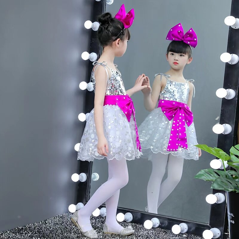 Vestido de princesa de lantejoulas feminino com Headpiece, vestidos de dia infantil, alças, sem mangas, saia inchada para dança, uniforme estudantil