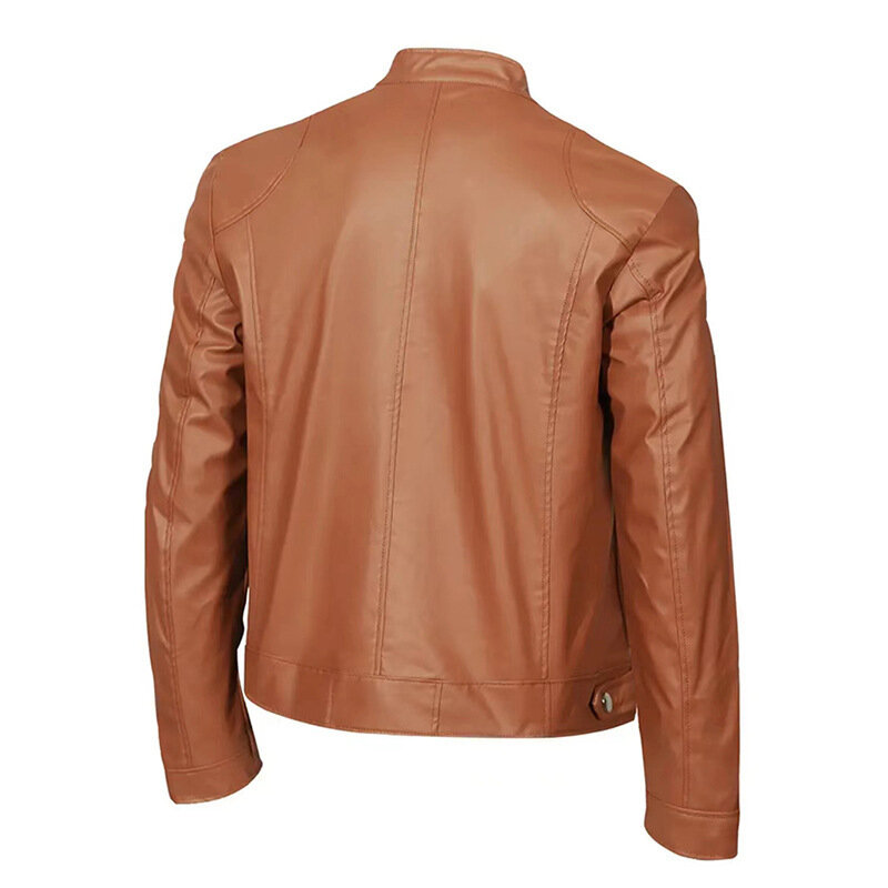 Jaqueta de couro fina masculina, casaco de motociclista, gola alta, bolso com zíper decorado, alta qualidade, 2024