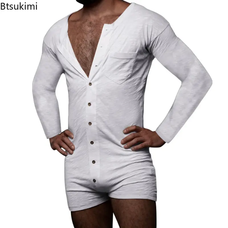 Ensemble de pyjamas décontractés à simple boutonnage pour hommes, barboteuse monochrome, vêtements de nuit à manches longues, vêtements de nuit sexy pour hommes, 1 pièce, nouveau, 2024