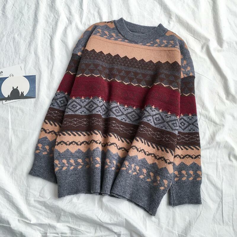 Wszechstronny swobodny sweter dzianiny w paski damski swobodny luźny krój sweter pulowerowe topy na jesień-zimę z okrągłym dekoltem