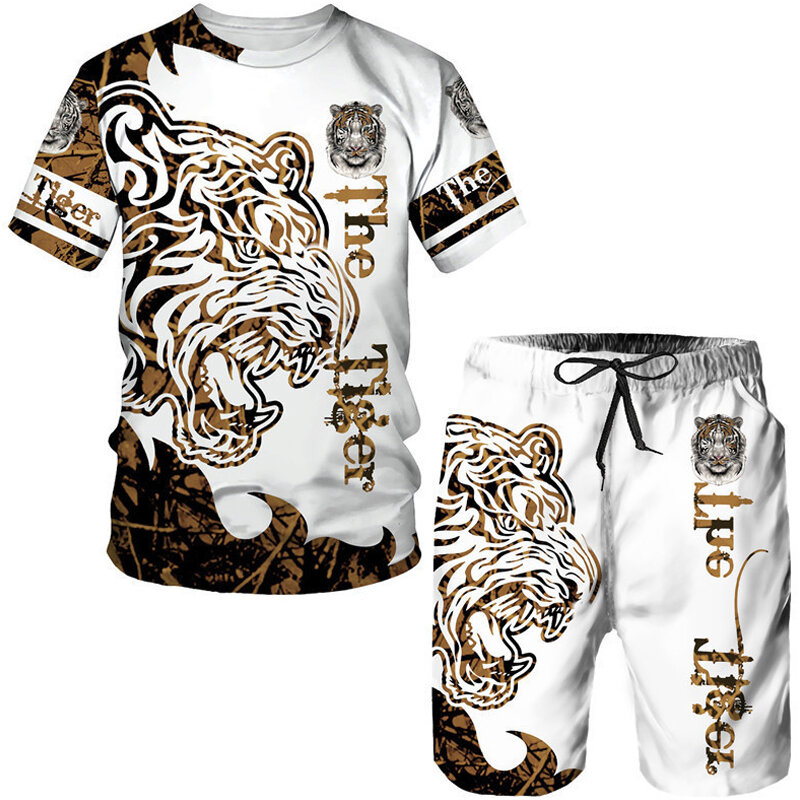 Letni męski kombinezon 3D z męska koszulka grafika z tygrysem odzież sportowa Streetwear odzież męska strój dresowy szorty 2 sztuki