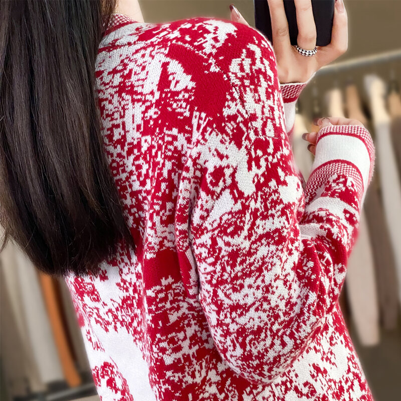 Женский пуловер весна-осень 100% хлопок свитер Повседневная трикотажная одежда Дамские топы с ландшафтным принтом Свободная блузка с круглым вырезом