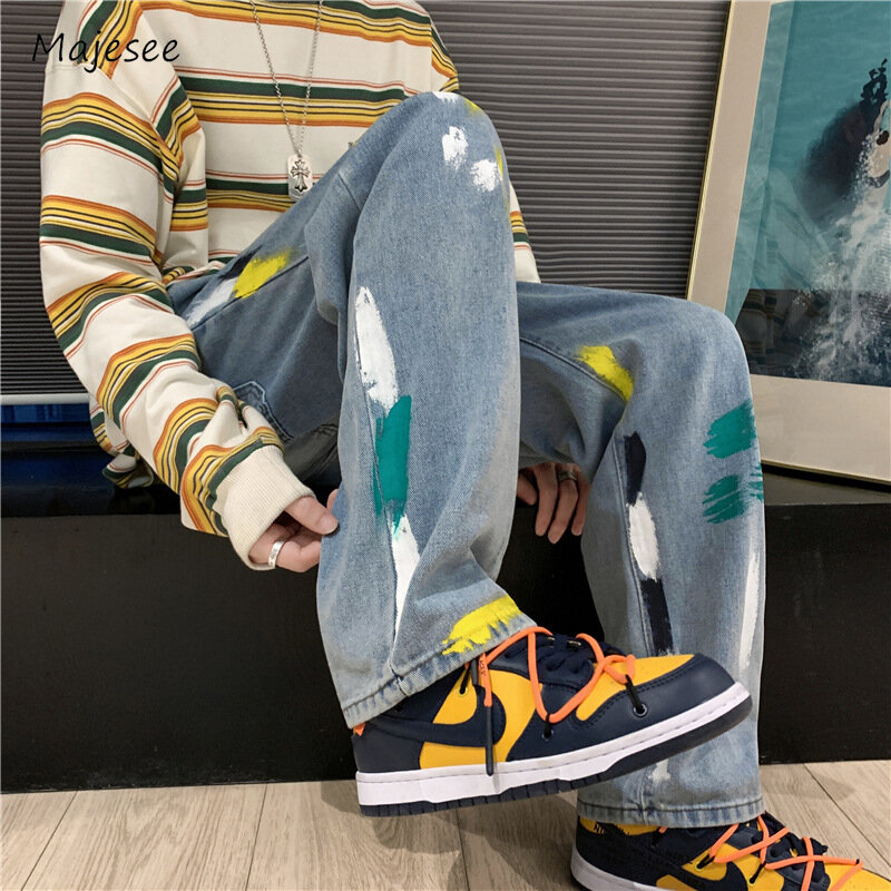 Jeans Men Fashion Handsome High Street  Japanese Style Splash Ink Hipster Advanced Spring Autumn Teens Mopping Trousers Casual